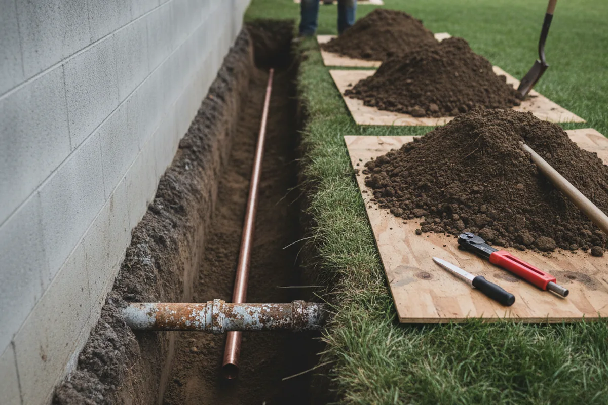Excavated water line trench during Water Heater Repair in Belvidere